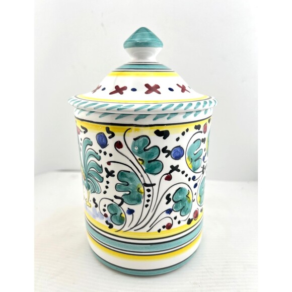 Deruta Pottery Canister Rooster Floral Pattern ITALY Coffee Sugar 7" Tall Multi - Picture 2 of 12